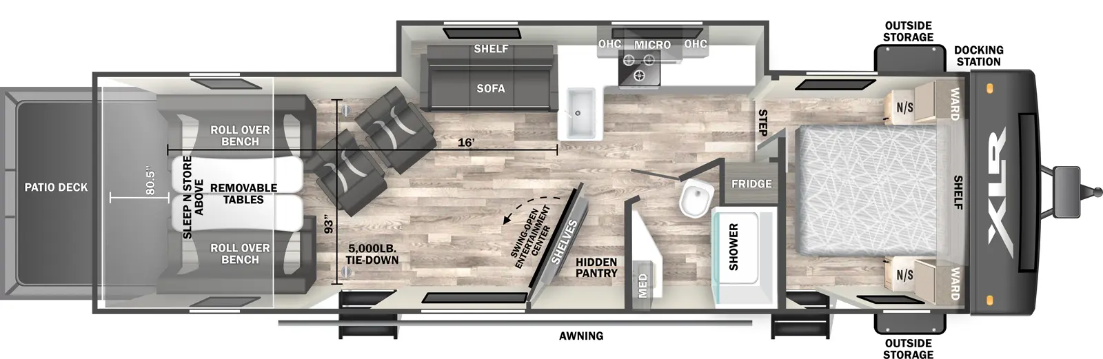 The 3016H has one slideout, two entries, and a rear ramp door. Exterior features an awning, outside storage with docking station, and a patio deck. Interior layout front to back: foot-facing queen bed with shelf above, and wardrobes and nightstands on each side, and entry door; step down to main living area with refrigerator along inner wall; door side full bathroom with medicine cabinet; off-door side slideout with kitchen counter with stove, overhead cabinet, microwave, counter wraps to peninsula with sink, and a sofa with shelf above; door side angled swing-open entertainment center with shelves and hidden pantry behind; two chairs on the off-door side, second entry, and rear opposing gauchos with removable tables and sleep n store above. Garage dimensions: 5,000 pound tie down, 93 inches from door side to off-door side, and 80.5 inch rear ramp door opening height.